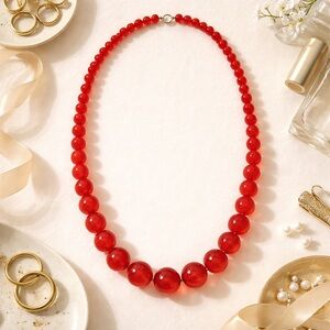 Vintage Red Faceted Crystal Graduated Bead Statement Necklace Gold Clasp 27.5”
